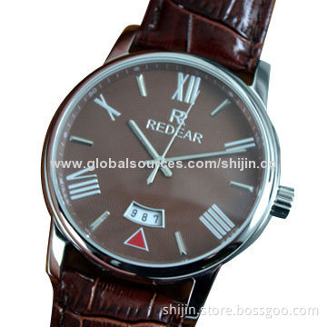 Stainless steel watch with genuine leather band for men, good quality, REDEAR, made in China